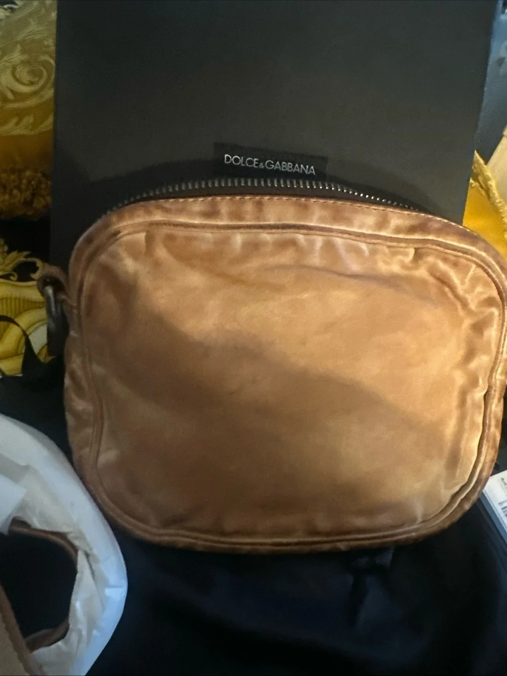 Dolce & Gabbana Unisex Cognac Stressed Sheep Leather Bag NWT and COA card